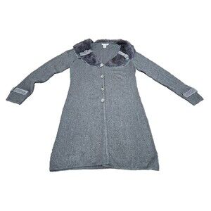 FELICITY GRAY Sweater Long Cardigan Button Front FUR COLLAR Womens M PREPPY